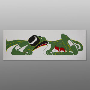 Hol Kyan Kustaan (hlk'yáan ñ'ust'áan)
Frog - Crab of the Woods
Jay Simeon
Haida
30" x 11"
$350