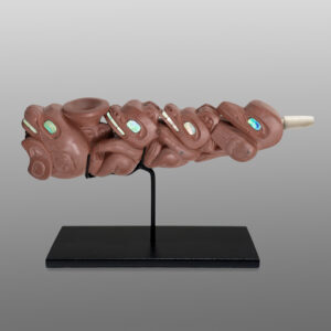 Four West Coast Clans Pipe
(Raven, Wolf, Bear, Killerwhale)
Gary Olver
Woodland Cree
Catlinite, abalone, bone, custom stand
5¼” x 1½” x 1” (3" with stand)
8500