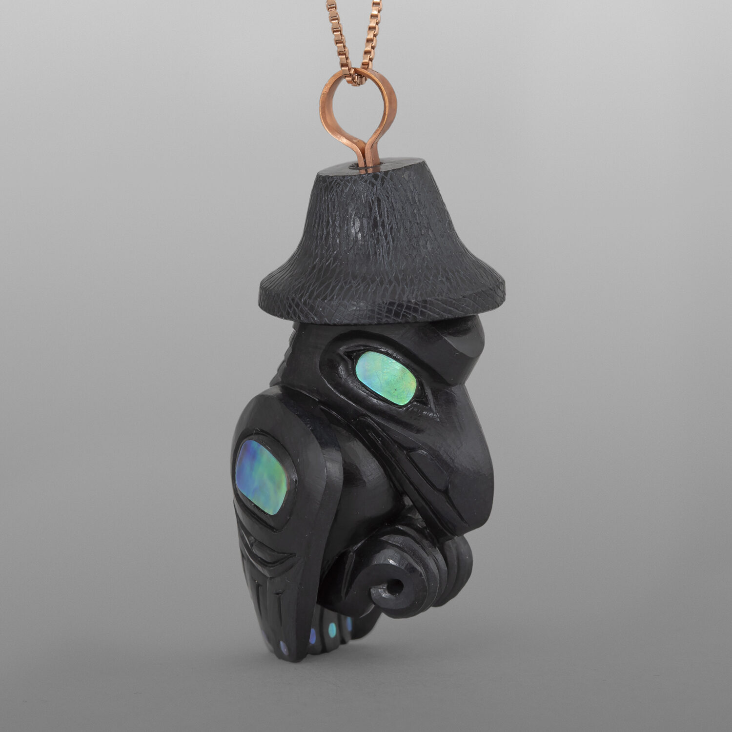 Raven Chief Pendant
Gary Olver
Woodland Cree
Argillite, abalone, copper
1½” x ¾” x ¾"
2800