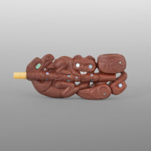 Wolf, Beaver & Eagle Pipe
Gary Olver
Woodland Cree
Catlinite, abalone, bone, custom stand
3” x 1¼” x ½” (2¾" with stand)
4500