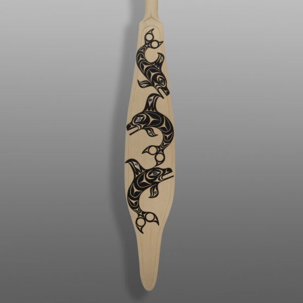 Orcas Under the Moon Paddle
Gerry Sheena
Coast Salish

Yellow cedar, abalone, paint
72” x 8” x 1½”
$3600
