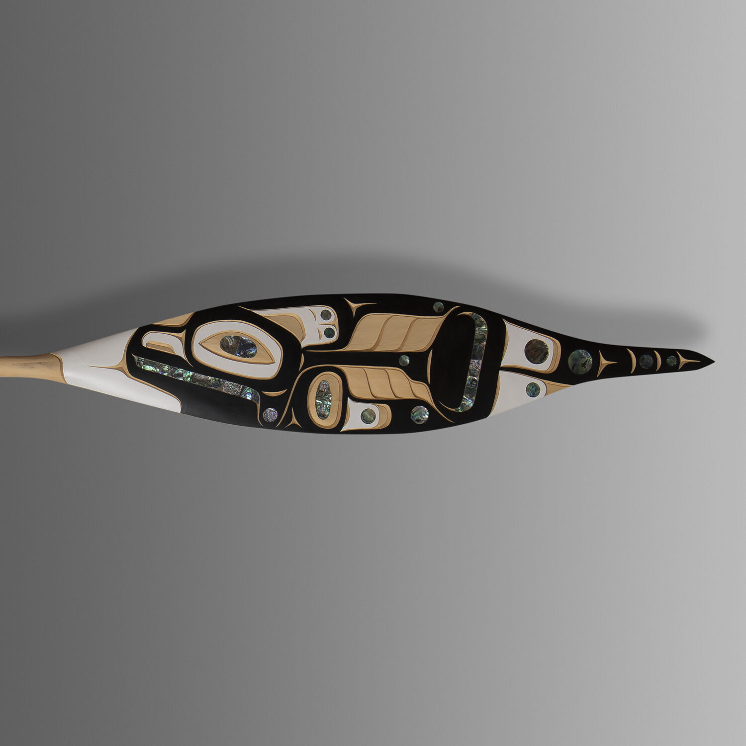 Westcoast Orca Paddle
Moy Sutherland
Nuu-cha-nulthYellow cedar, abalone, paint
70” x 7½ x 1½”
$6800
