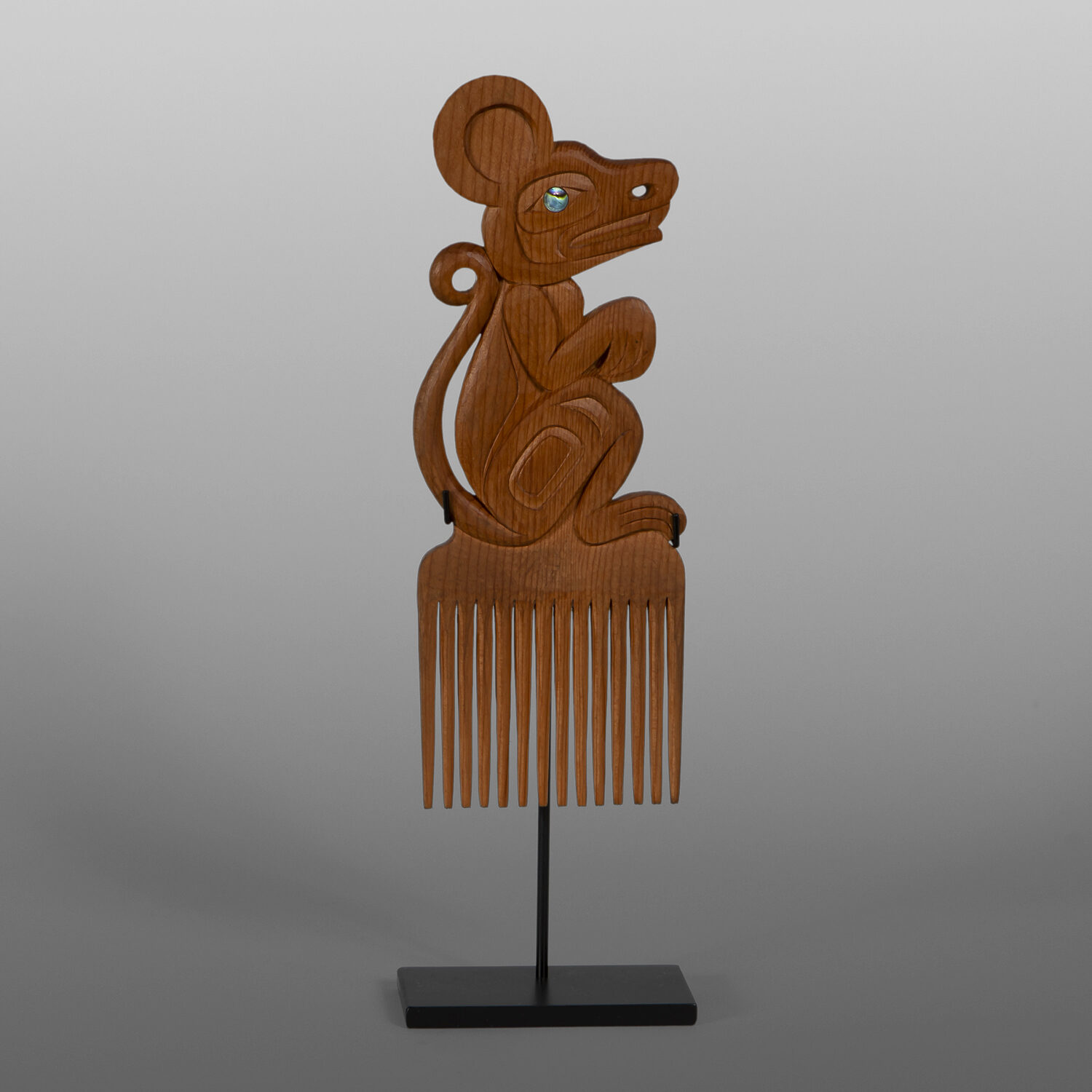 Mouse Woman Comb
Dean Hunt
Heiltsuk
Red cedar, abalone, custom stand
10” x 4” x 2”
$1850
