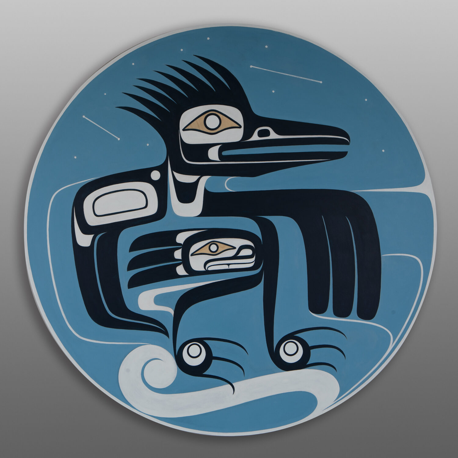 Kingfisher Riding the Wind Under Twilight Stars
Dean Hunt
Heiltsuk
Acrylic on birch panel
36" dia
$3600