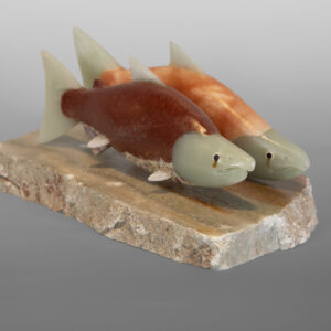 Spawning Salmon
Sam Dimmick
Inupiat
Pyrolite, Montana greenstone, peach alabaster, baleen, ivory, alabaster base
11½" x 7" x 5"
1,800
