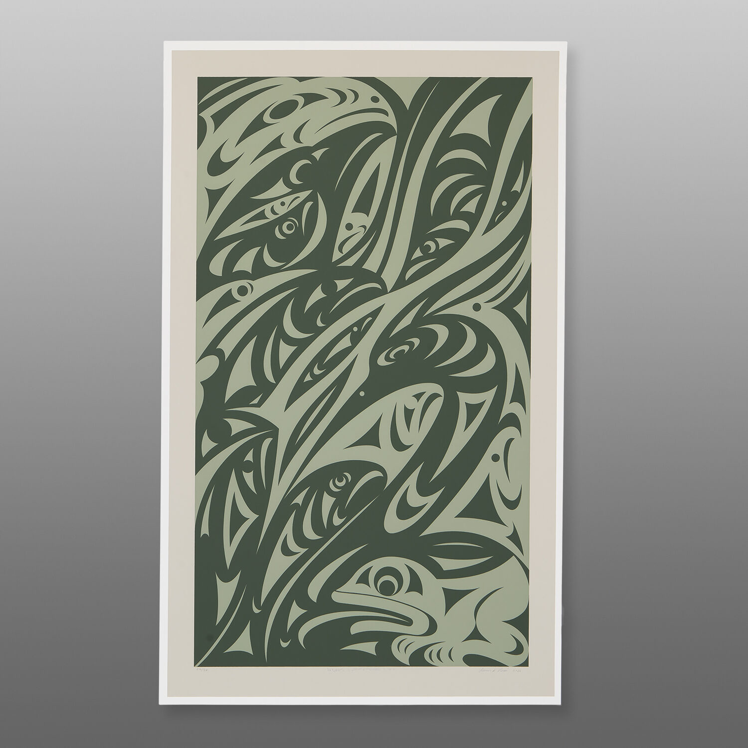 Reflections Off The Fraser River: State I Fraser River Green
Susan Point, RCA
Coast Salish
Serigraph
18" x 29"
525