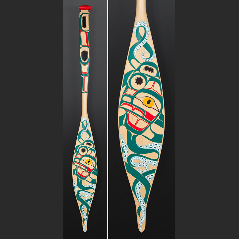 Octopus Corey Moraes Tsimshian paddle Yellow cedar paint 65 x 7 1/2 $4000