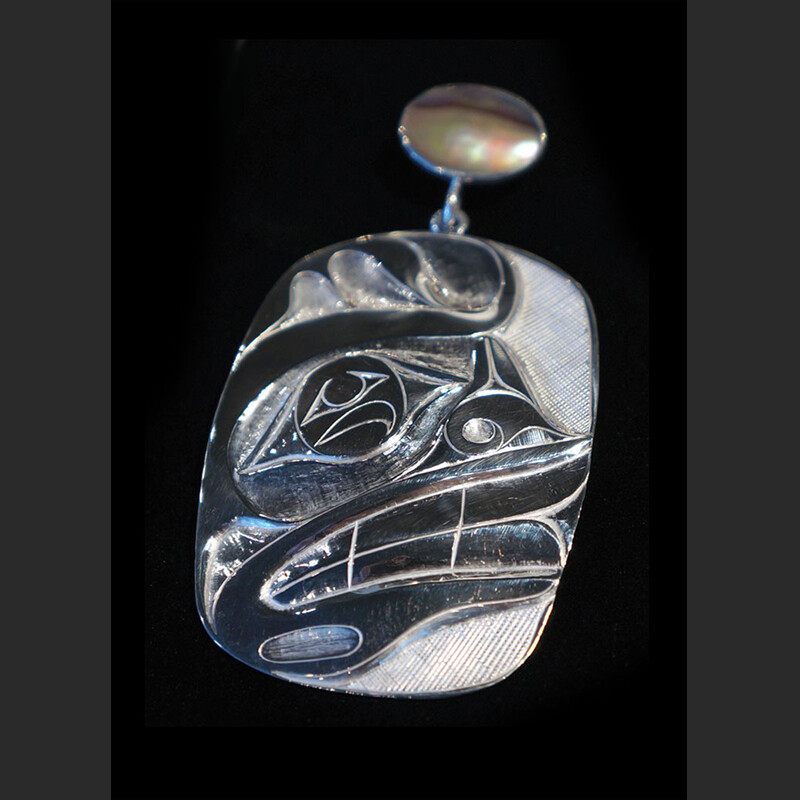 Sea Spirit Silver Pendant Rande Cook Kwakwaka'wakw engraved sterling silver, abalone 3"H x 1.75"W